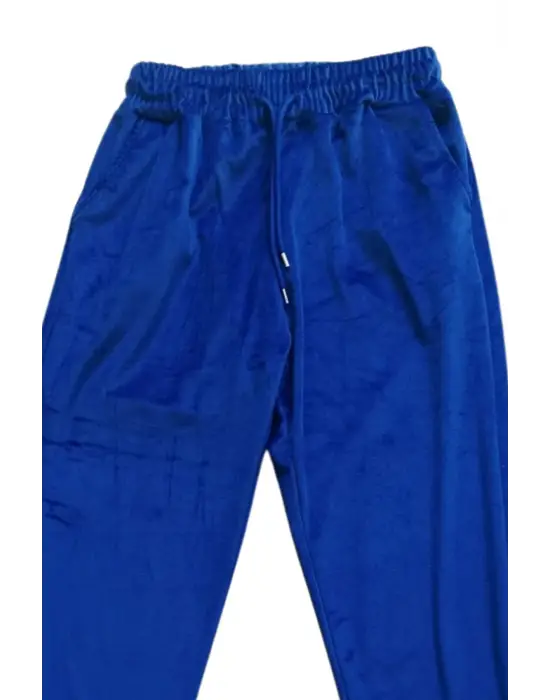 Parlak Kadife Cepli Pantolon Eşofman Pijama Altı Unisex Lastikli Paça Mavi