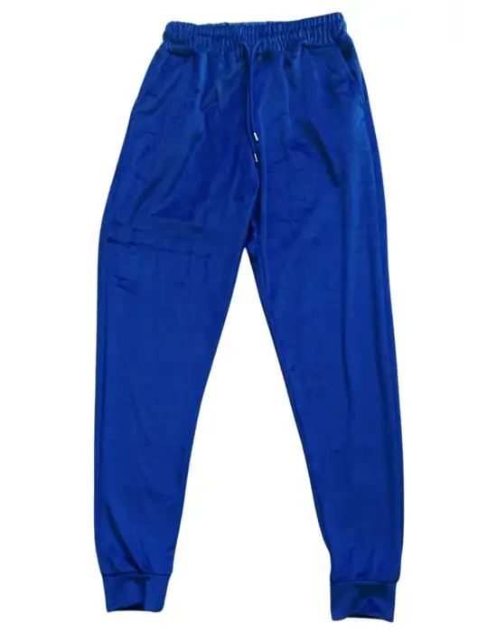Parlak Kadife Cepli Pantolon Eşofman Pijama Altı Unisex Lastikli Paça Mavi