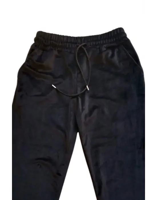 Parlak Kadife Cepli Pantolon Eşofman Pijama Altı Unisex Lastikli Paça Siyah