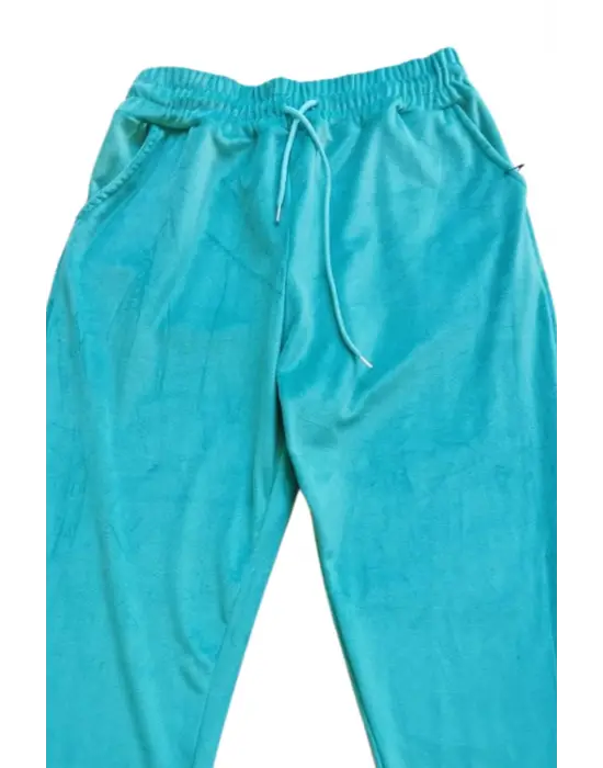 Parlak Kadife Cepli Pantolon Eşofman Pijama Altı Unisex Lastikli Paça Yeşil