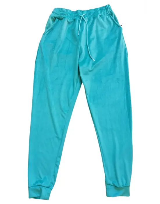 Parlak Kadife Cepli Pantolon Eşofman Pijama Altı Unisex Lastikli Paça Yeşil