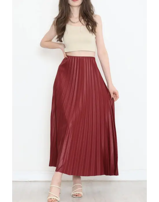 Omarı Parlak Krep Gizli Lastikli Bordo Etek
