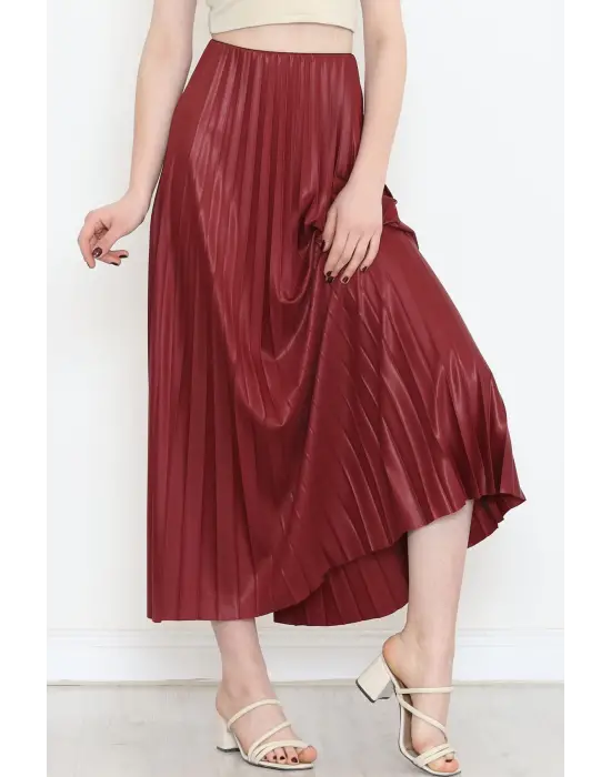 Omarı Parlak Krep Gizli Lastikli Bordo Etek
