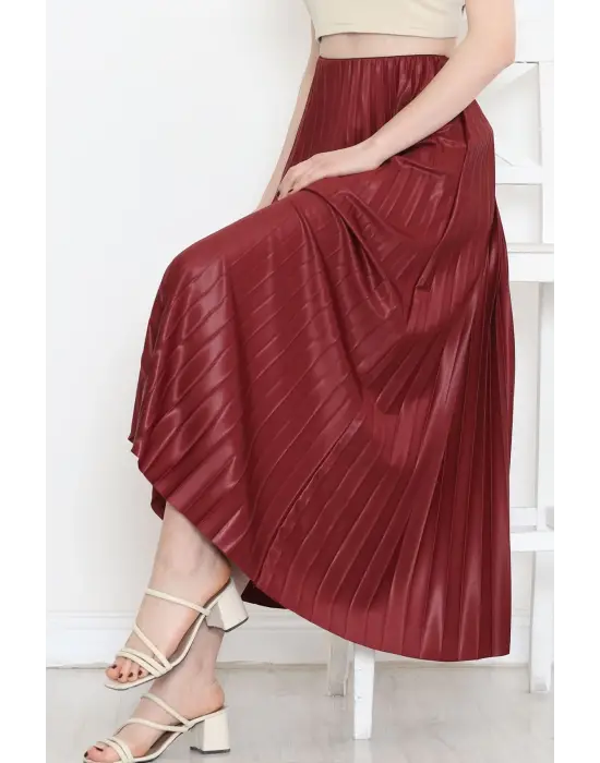 Omarı Parlak Krep Gizli Lastikli Bordo Etek