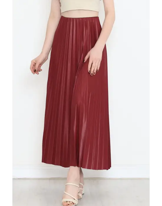 Omarı Parlak Krep Gizli Lastikli Bordo Etek