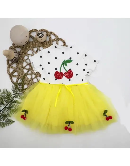 Omarı Bebek Tütü Elbisesi Sarı Kiraz Nakışlı Etekli
