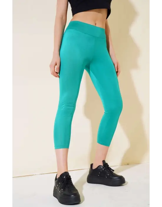 Omarı Esnek Yüksek Bel Uzun Yeşil Disco Tayt