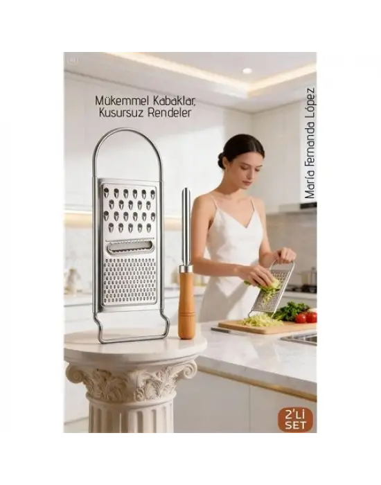 Paslanmaz Çelik El Rendesi ve Ahşap Saplı Kabak Oyacağı - 2li Profesyonel Mutfak Hazırlık Seti