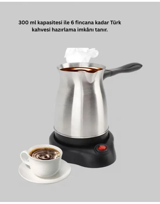 Paslanmaz Çelik Elektrikli Cezve 800w 6 Fincan Kapasiteli