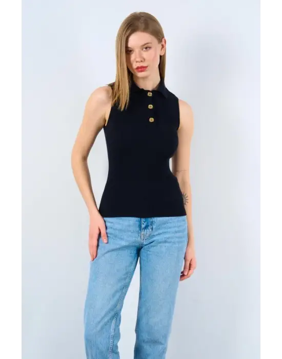 Patlı Düğmeli Triko Atlet - Siyah