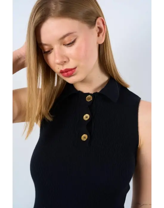 Patlı Düğmeli Triko Atlet - Siyah