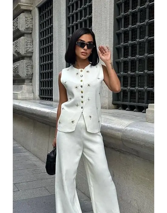 Paulo Gold Düğmeli Yelek Pantolon Takım 9976