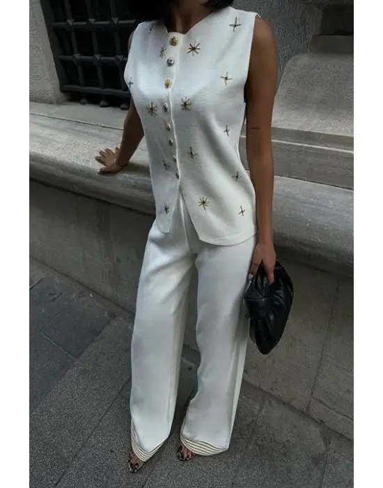 Paulo Gold Düğmeli Yelek Pantolon Takım 9976