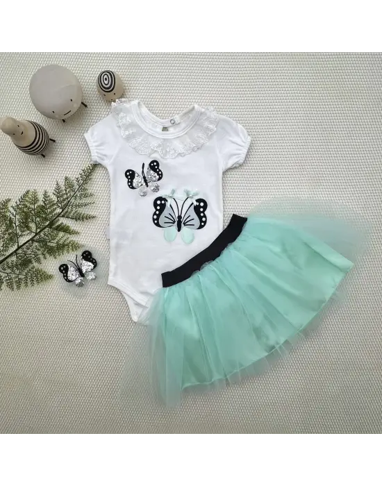 Omarı Payetli Kelebek Nakışlı Tütü Etekli Kız Bebek Takımı