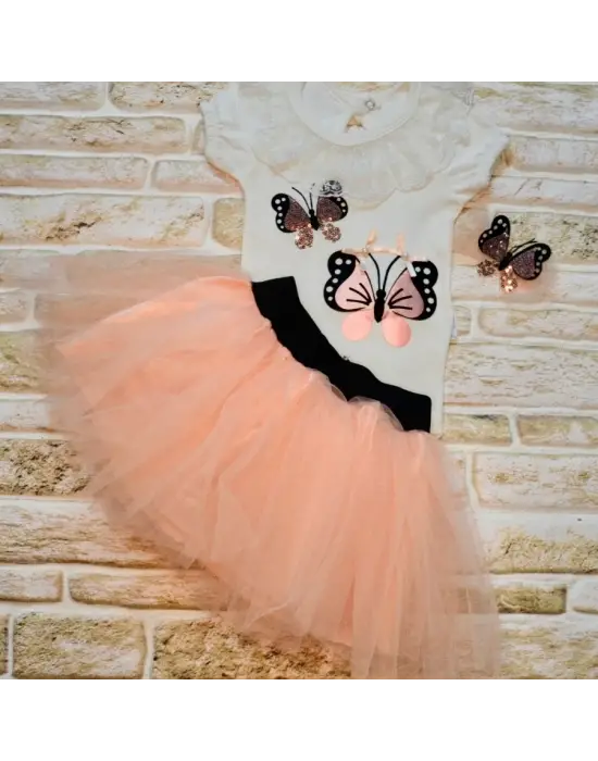 Omarı Sevimli Kelebek Nakışlı Tütü Etekli Kız Bebek Takımı Pudra