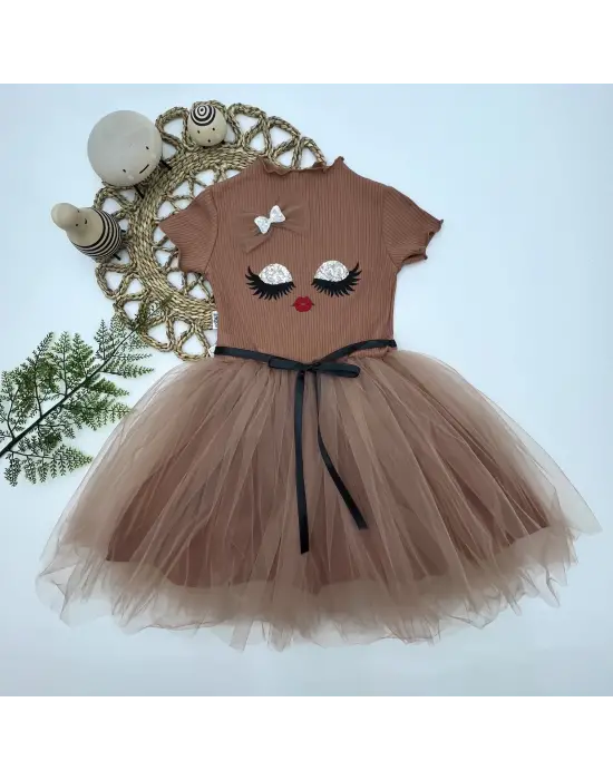 Omarı Parlak Payet Detaylı Kız Çocuk Elbisesi Kahverengi