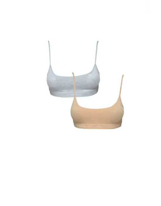 Omarı İp Askılı Gri ve Ten Rengi Pedli Büstiyer Seti