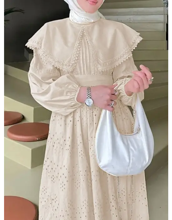 Pelerin Yaka Dantel Detaylı Elbise  -Bej