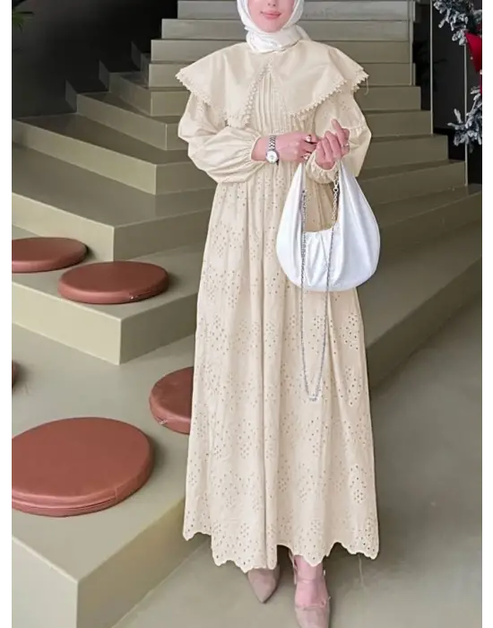 Pelerin Yaka Dantel Detaylı Elbise  -Bej