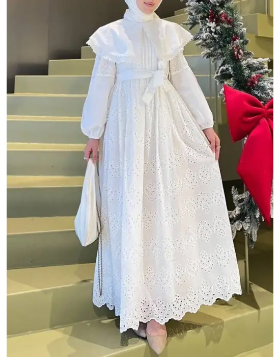 Pelerin Yaka Dantel Detaylı Elbise  -Beyaz