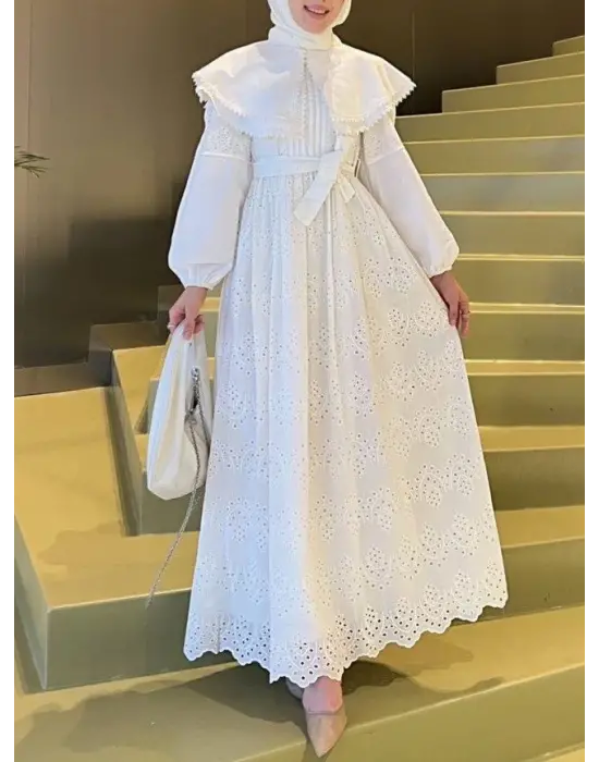 Pelerin Yaka Dantel Detaylı Elbise  -Beyaz