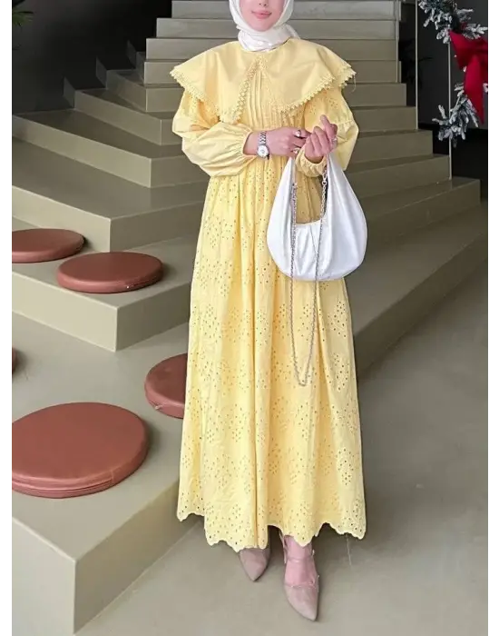 Omarı Zarif Dantel Detaylı Sarı Elbise