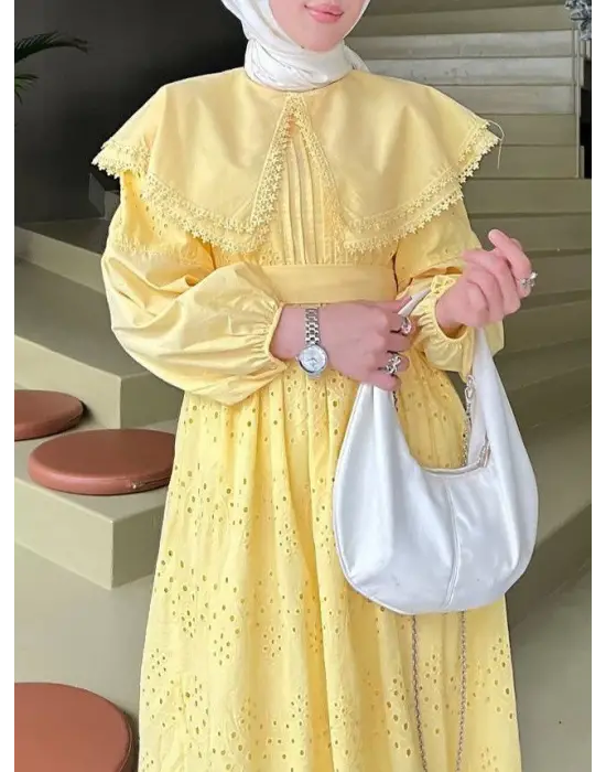 Omarı Zarif Dantel Detaylı Sarı Elbise