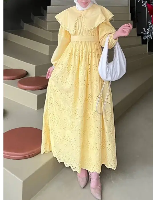 Omarı Zarif Dantel Detaylı Sarı Elbise