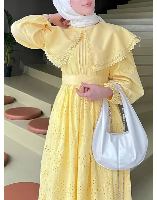 Pelerin Yaka Dantel Detaylı Elbise  -Sarı