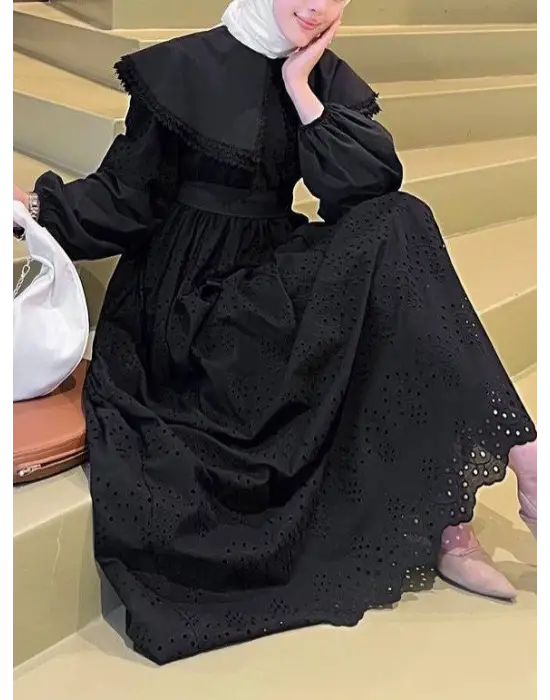 Pelerin Yaka Dantel Detaylı Elbise  -Siyah