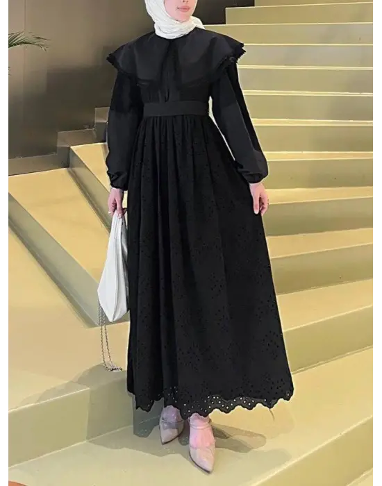 Pelerin Yaka Dantel Detaylı Elbise  -Siyah
