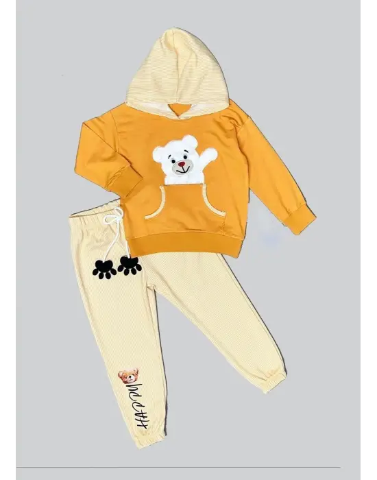 Omarı Sevimli Pelüş Ayı Desenli Kapşonlu Çocuk Takımı Turuncu