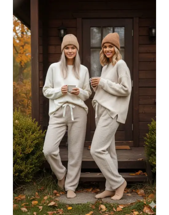 Peluşlu pijama alt bej nr