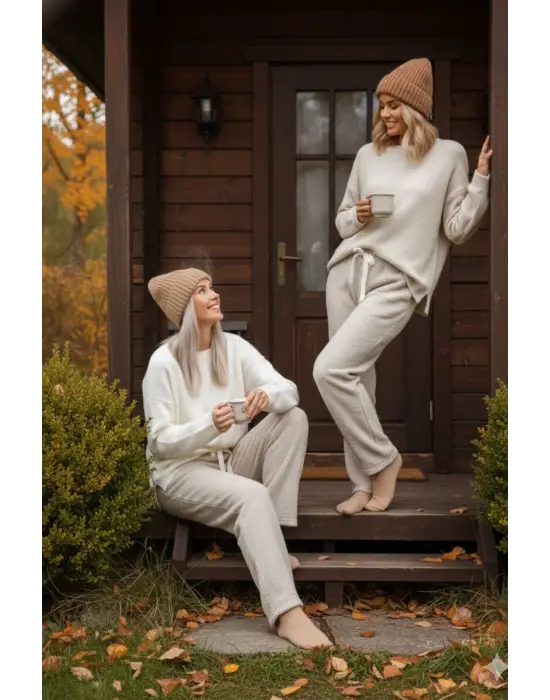 Peluşlu pijama alt bej nr