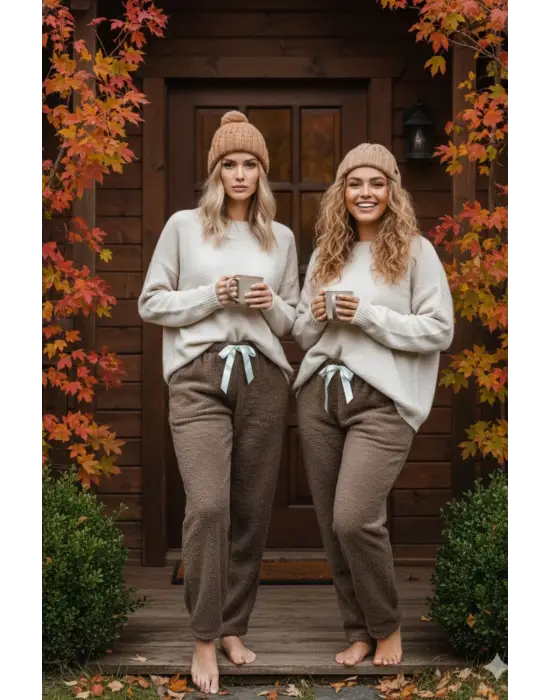 Kahve Peluşlu Pijama Alt Kadın Giyim