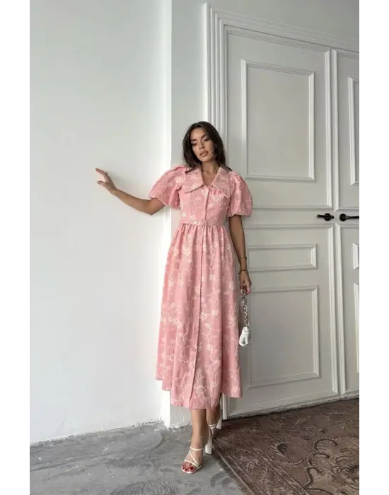 Omarı Pembe Balon Kollu Bebe Yaka Elbise