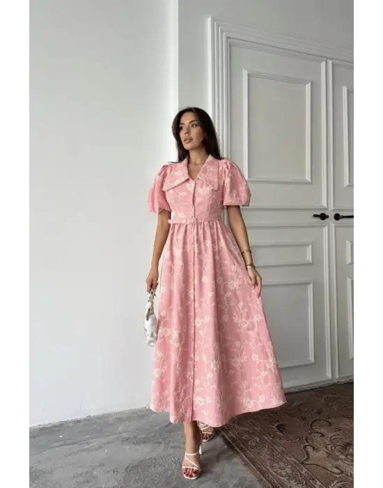 Omarı Pembe Balon Kollu Bebe Yaka Elbise