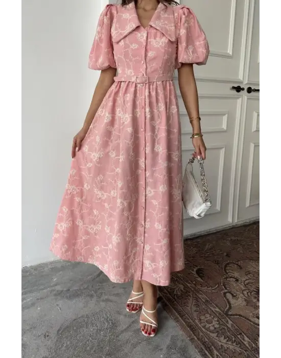 Omarı Pembe Balon Kollu Bebe Yaka Elbise