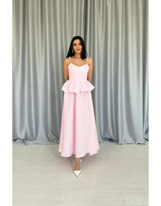 Pembe Beli Büzgülü İnci Askılı Uzun Elbise