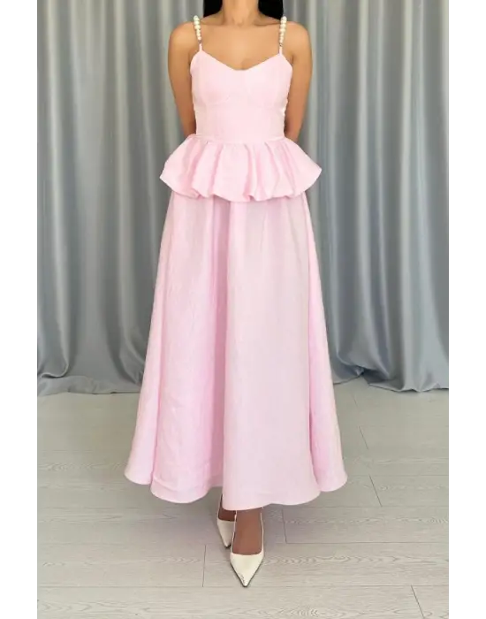 Pembe Beli Büzgülü İnci Askılı Uzun Elbise