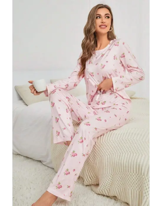 Pembe Çiçek Desenli Bisiklet Yaka Pijama Takımı 7131