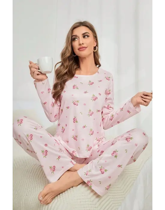 Pembe Çiçek Desenli Bisiklet Yaka Pijama Takımı 7131