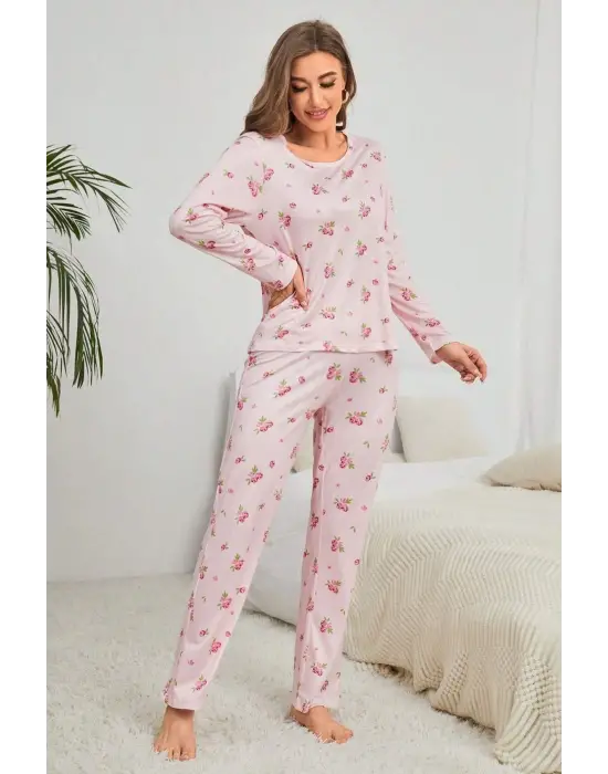 Omarı Pembe Çiçek Desenli Yumuşak Pijama Takımı