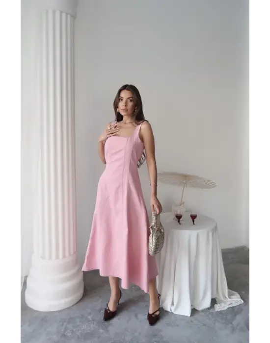 Omarı Şık Pembe Gabardin Elbise