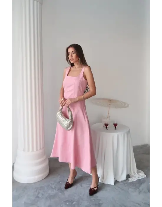 Omarı Şık Pembe Gabardin Elbise