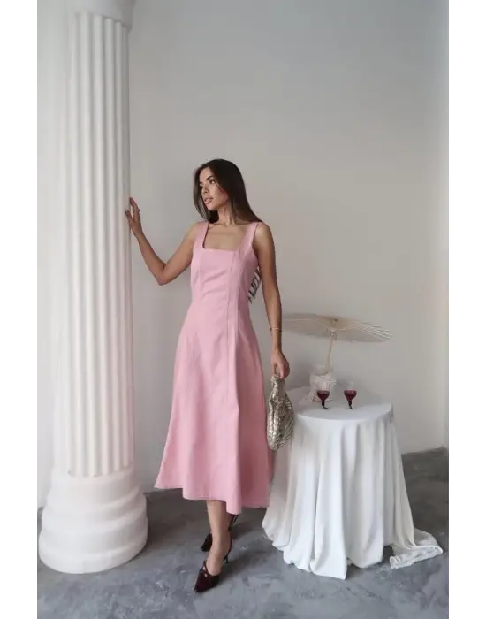 Omarı Şık Pembe Gabardin Elbise