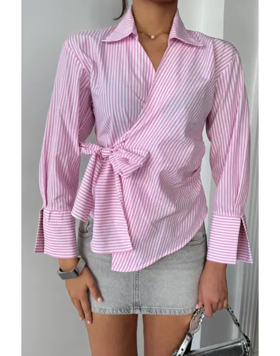 Omarı Pembe Çizgili Kruvaze Bağlamalı Gömlek