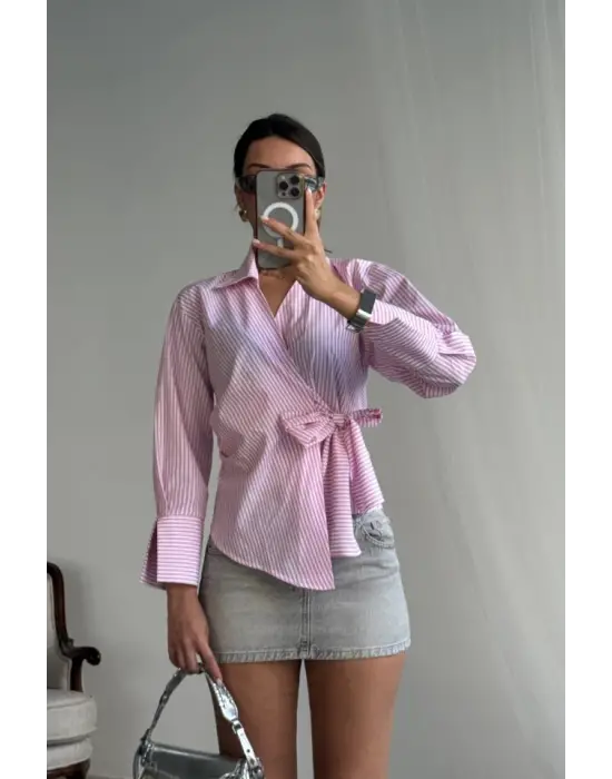 Omarı Pembe Çizgili Kruvaze Bağlamalı Gömlek