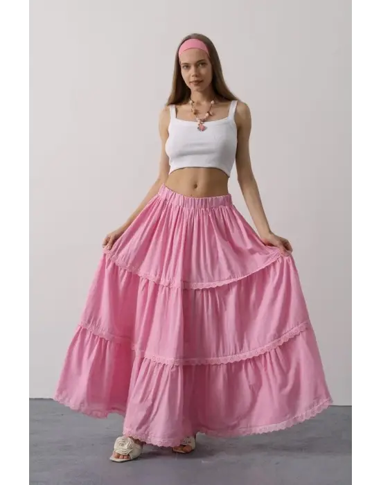 Omarı Romantik Dantel Detaylı Pembe Etek