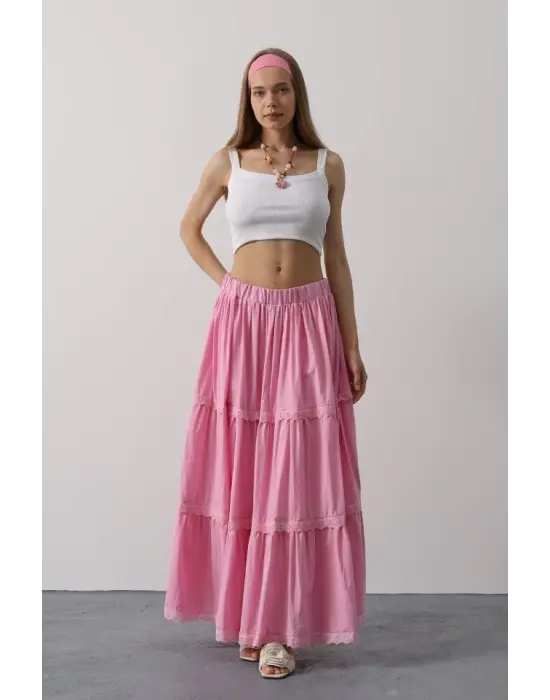 Omarı Romantik Dantel Detaylı Pembe Etek